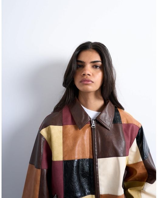 TOPSHOP Multicolor Faux Leather Patchwork Zip Jacket