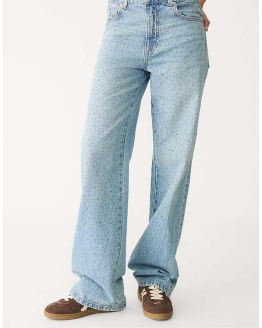 Jeans Dritti Medio Con Strass di Stradivarius in Blue