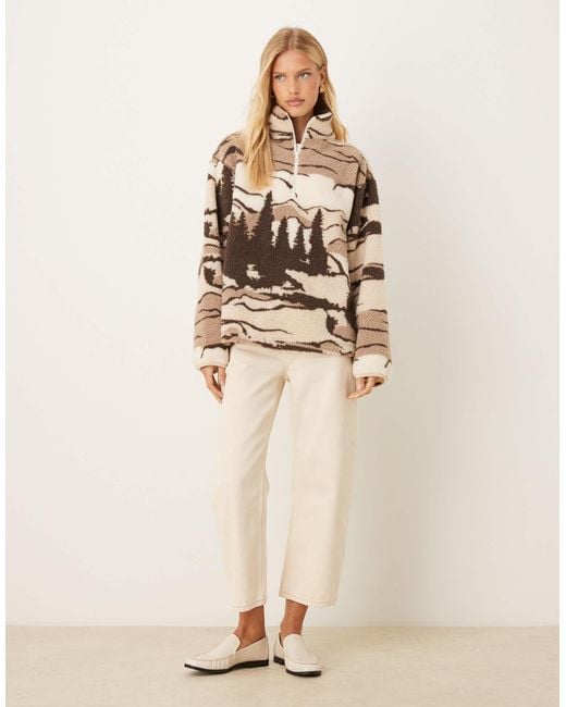 ASOS Natural Teddy Zip Up Fleece With Mountain All Over Print