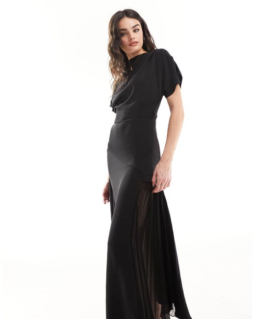 ASOS Black Cowl Neck Midi Dress With Asymmetric Pleat Hem
