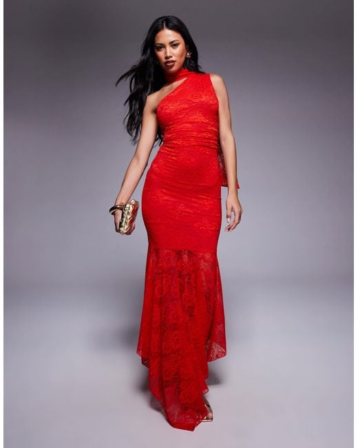 Kaiia Exclusive Double Layered Slinky Lace Asymmetric Scarf Neck Sheer Hem Maxi Dress