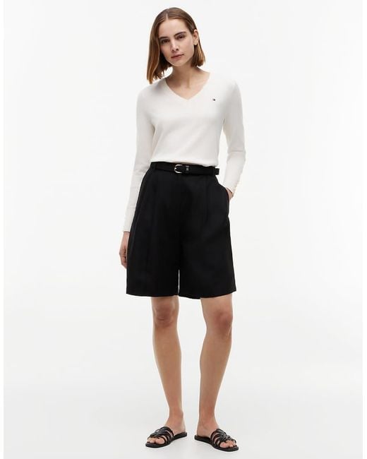 Tommy Hilfiger White Tone Button Cuff V-Neck Jumper