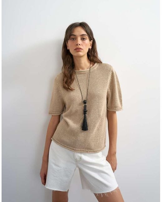 TOPSHOP Natural Knitted Short Sleeve Top With Roll Hem Trims