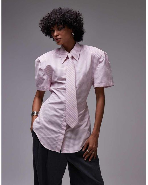 ASOS Gray Shoulder Pad Short Sleeve Shirt With Tie