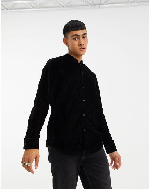 ASOS Black Regular Fit Velvet Shirt With Mandarin Collar for men