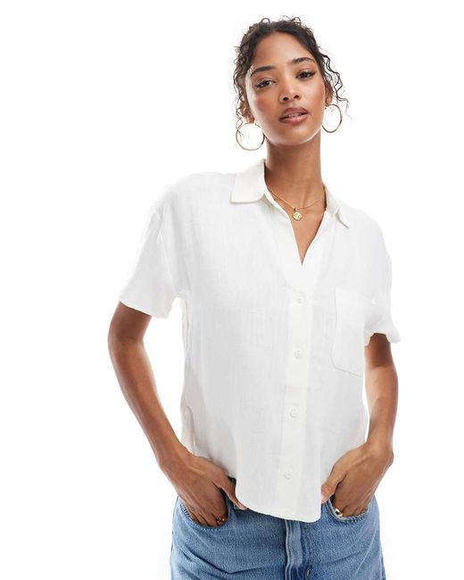 Stradivarius Overhemd Met Linnenlook En Korte Mouwen in het White