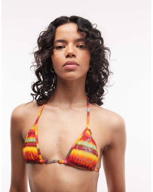 I.AM.GIA Orange Ava Halterneck Diamante Logo Striped Bikini Top