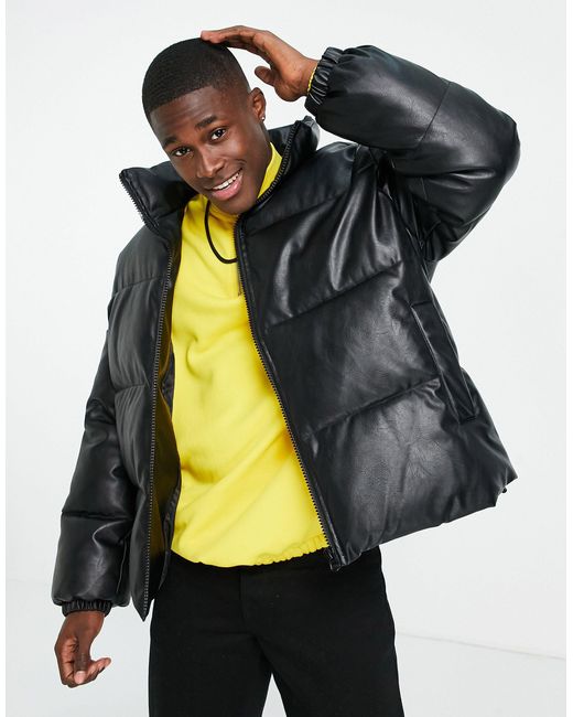 TOPMAN Faux Leather Puffer Jacket in Black for Men | Lyst