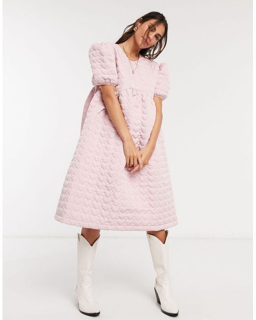 Sister Jane Pink Midi Smock Dress With Full Skirt And Puff Sleeves
