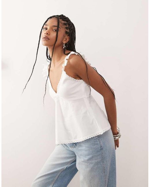 Reclaimed (vintage) White Babydoll Poplin Cami With Broderie And Lace Trims