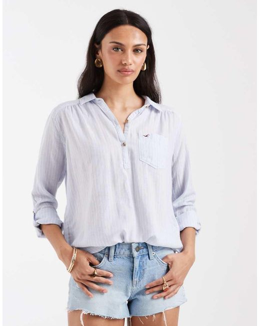 Hollister White Oversized 1/4 Button Up Shirt