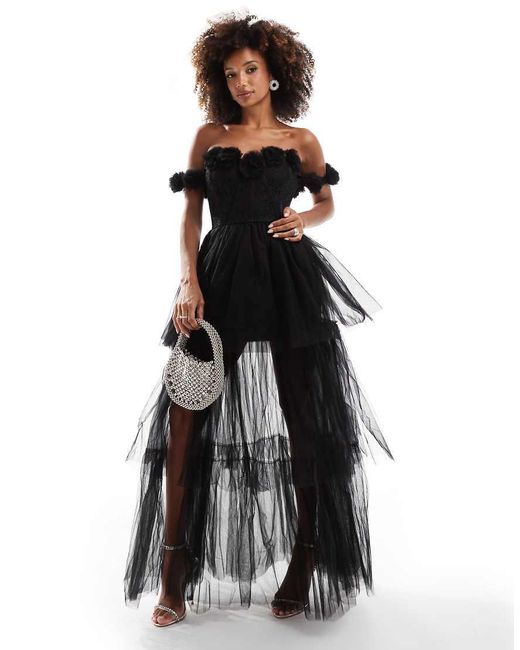 LACE & BEADS Black Rosette Corset Maxi Dress