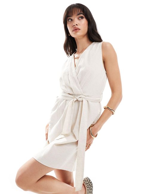 Vila White Linen Blend Wrap Front Mini Dress With Tie Belt