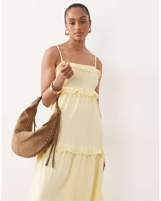 ASOS Natural Asos Design Tall Lace Trim Tiered Crinkle Cami Midi Dress