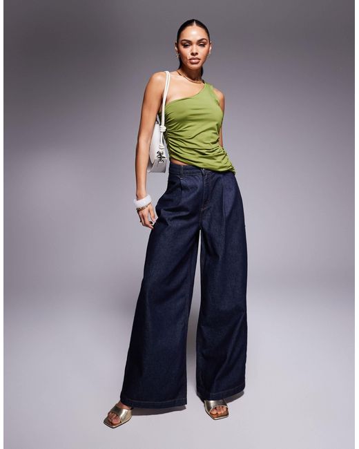 ASOS Green Ruched Side Asymmetric Hem Double Strap One Shoulder Top