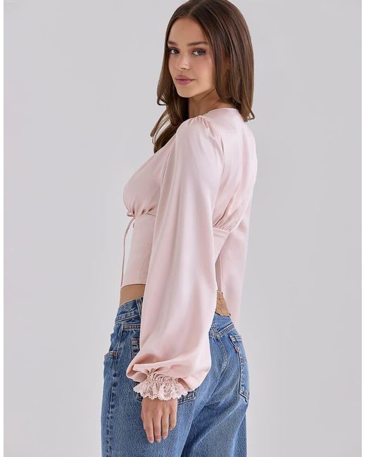 House Of Cb Blue Luciana Real Silk Long Sleeve Lace Trim Top