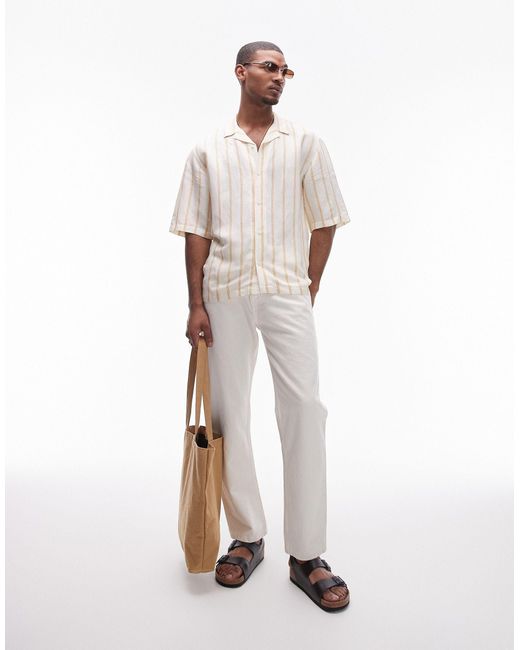 Topman White Short Sleeve Linen Stripe Shirt for men