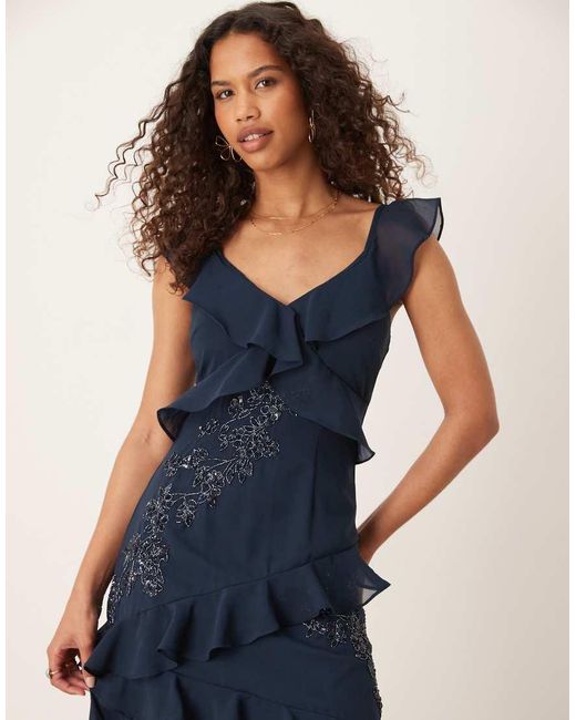 Maya Blue Embellished Strappy Ruffle Maxi Dress