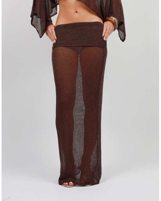 SIMMI Brown Foldover Sheer Knit Maxi Skirt