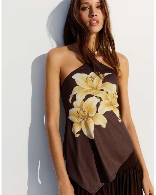 Bershka Brown Halter Neck Print Top