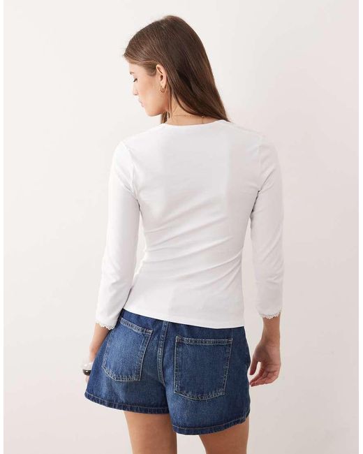 ASOS White 3/4 Sleeve Square Neck Top With Lace Hem
