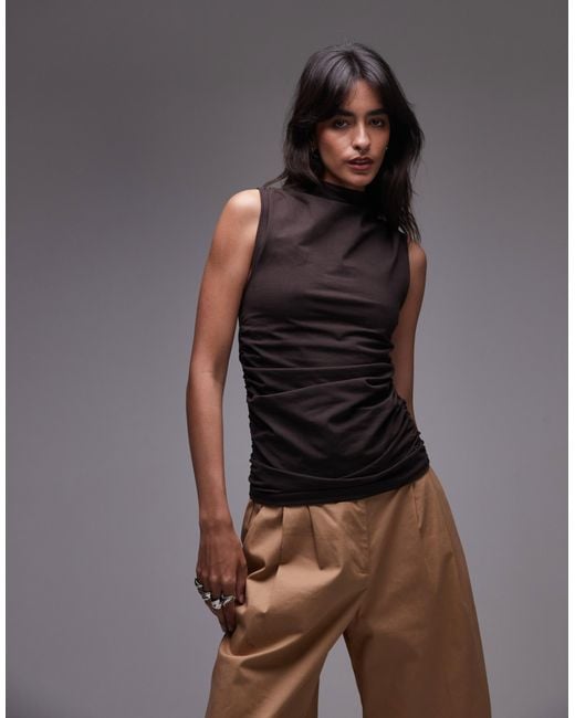 & Other Stories Brown Sleeveless Supersoft Drape Jersey Top With High Neck
