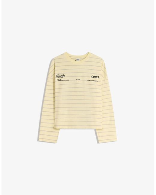 Bershka Natural Oversize Long Sleeve Print T-Shirt
