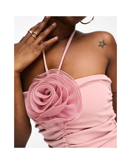 In The Style Pink Exclusive Corsage Detail Ruched Halterneck Thigh Split Midi Dress
