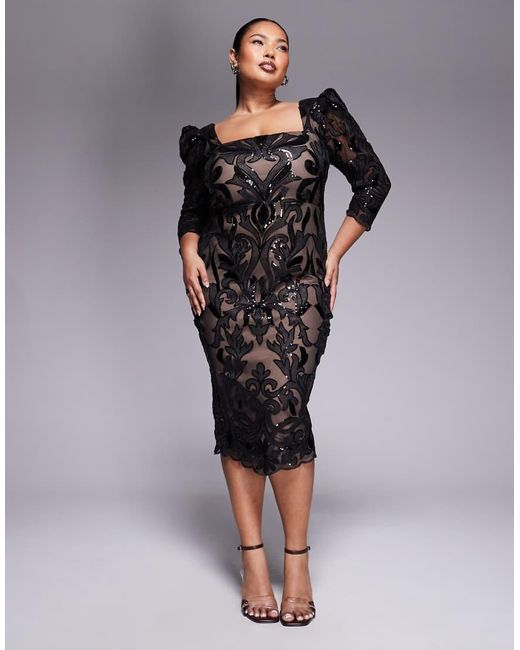 Goddiva Black Curve Square Neck Scalloped Lace Midi Dress