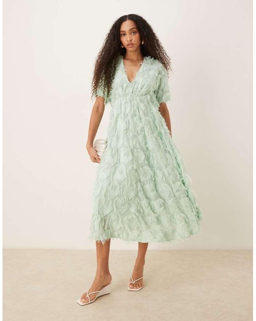 Y.A.S Green Textured V Neck Midi Dress