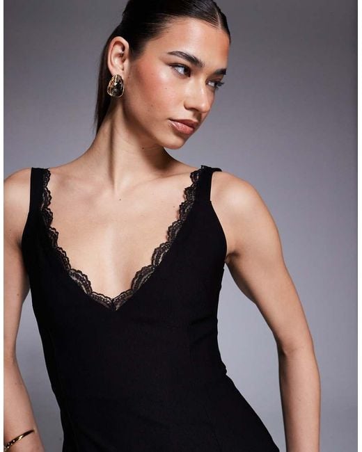 Vesper Blue Bengaline V Neck Lace Trim Strappy Maxi Dress