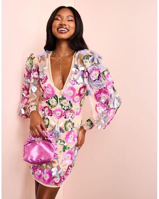 ASOS Pink – transparentes minikleid mit v-ausschnitt und verzierten, platzierten rosa blumendetails