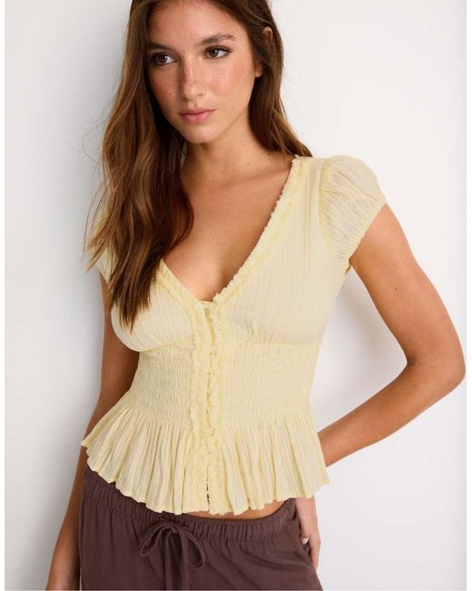 Stradivarius Natural Short Sleeve Shirred Shirt
