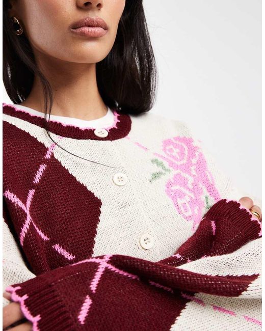 Miss Selfridge Red Blanket Stitch Argyle Cardigan