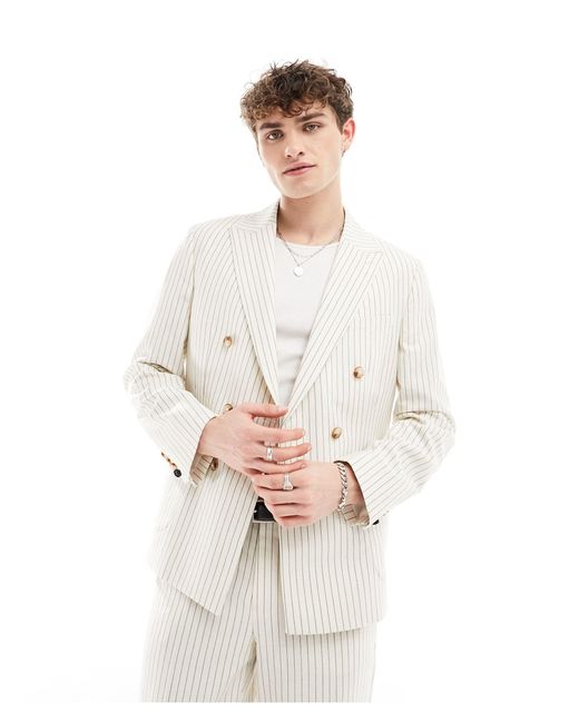Twisted Tailor White Pinstripe Double Breasted Suit Jacket for men
