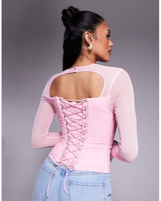Taideux Blue Fuller Bust Tilly Mesh Boned Cut Out Corset Top With Lace Up Back Detail