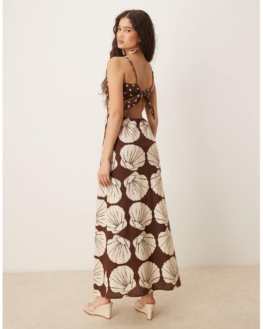 Abercrombie & Fitch Maxi-Slipdress Van Linnenmix Met Uitsnijdingen, Spaghettibandjes En Print in het Natural