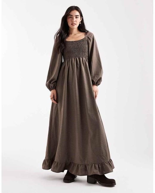 Daisy Street Brown Long Sleeve Shirred Maxi Dress
