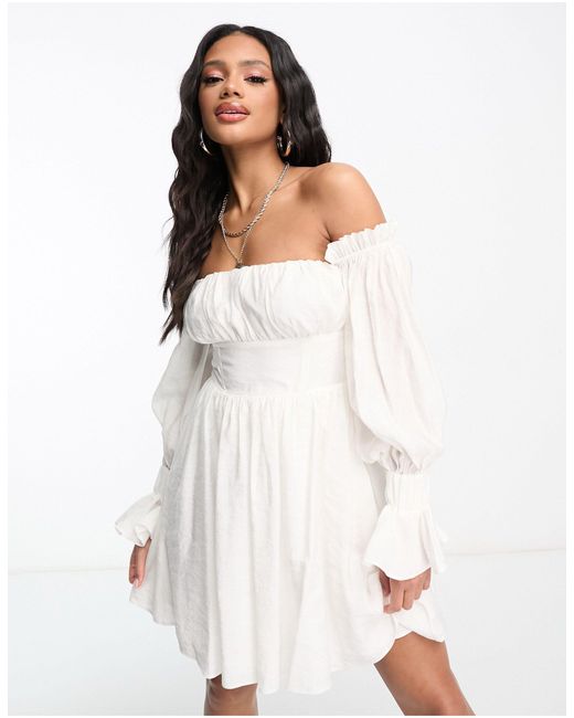 ASOS Off Shoulder Corset Mini Dress With Blouson Sleeve in White | Lyst  Canada