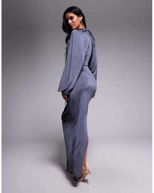 ASOS Blue Slinky Winged Sleeve Ruched Maxi Dress