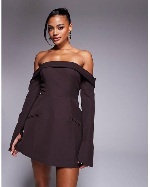 Oh Polly Purple Seraphina Bardot Structured Mini Dress With Pockets