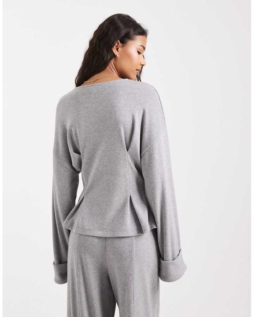 ASOS Gray Fine Knitted Cinch Waist Deep Cuff Long Sleeve Top
