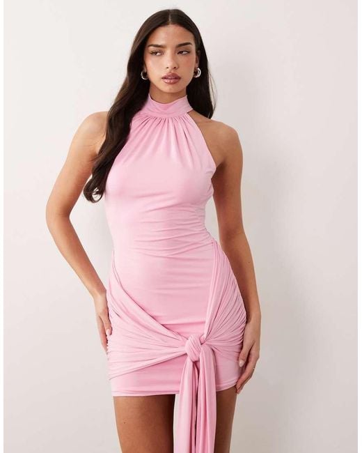 Ruched & Ready Pink Premium Sculpting Halterneck Drape Knot Waist Detail Mini Dress