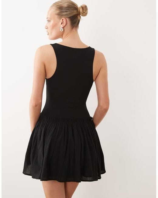 ASOS Black Dropped Waist Mini Dress With Crinkle Cotton Skirt