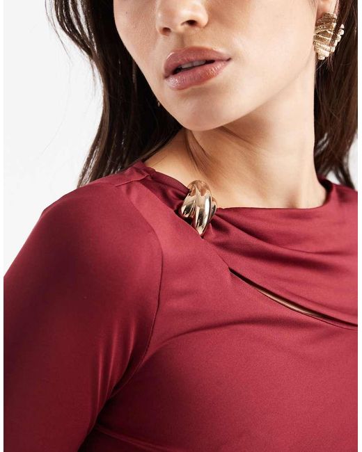 4th & Reckless Red Ruched Side Long Sleeve Metal Cut Out Detail Maxi Dress