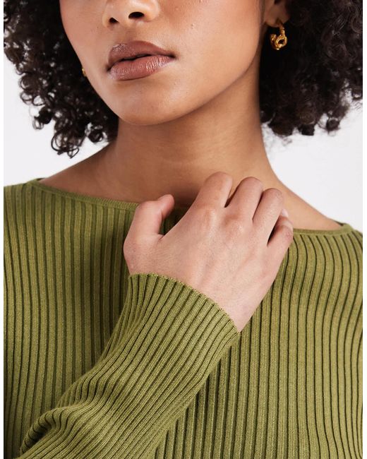 Top en maille côtelée à manches longues et encolure bateau - olive Miss Selfridge en coloris Green