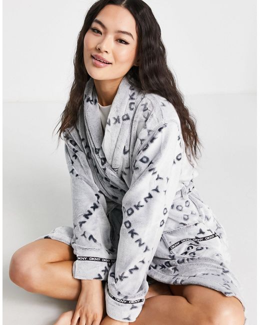 DKNY Gray Cosy Chenille Logo Printed Gift Wrapped Robe