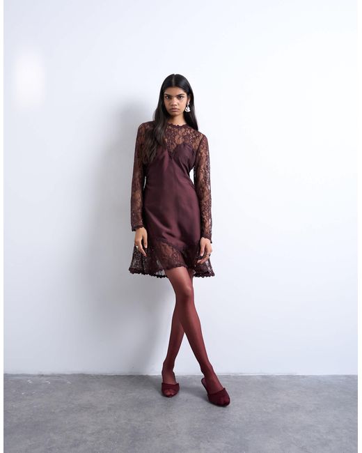 Robe courte à ourlet volanté et manches en dentelle - bordeaux TOPSHOP en coloris Purple