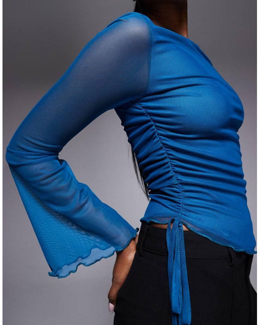 ASOS Blue Mesh Drawstring Top With Flute Sleeve