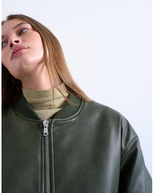 TOPSHOP Green – kragenlose oversize-bomberjacke aus kunstleder mit vintage-waschung